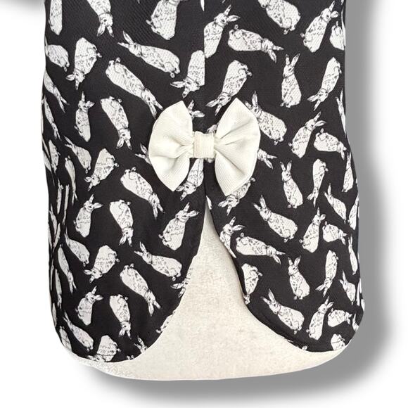 Moon Top Rabbit Print Blouse Black White Exaggerated Peter Pan Collar Bow Tie - Picture 8 of 13